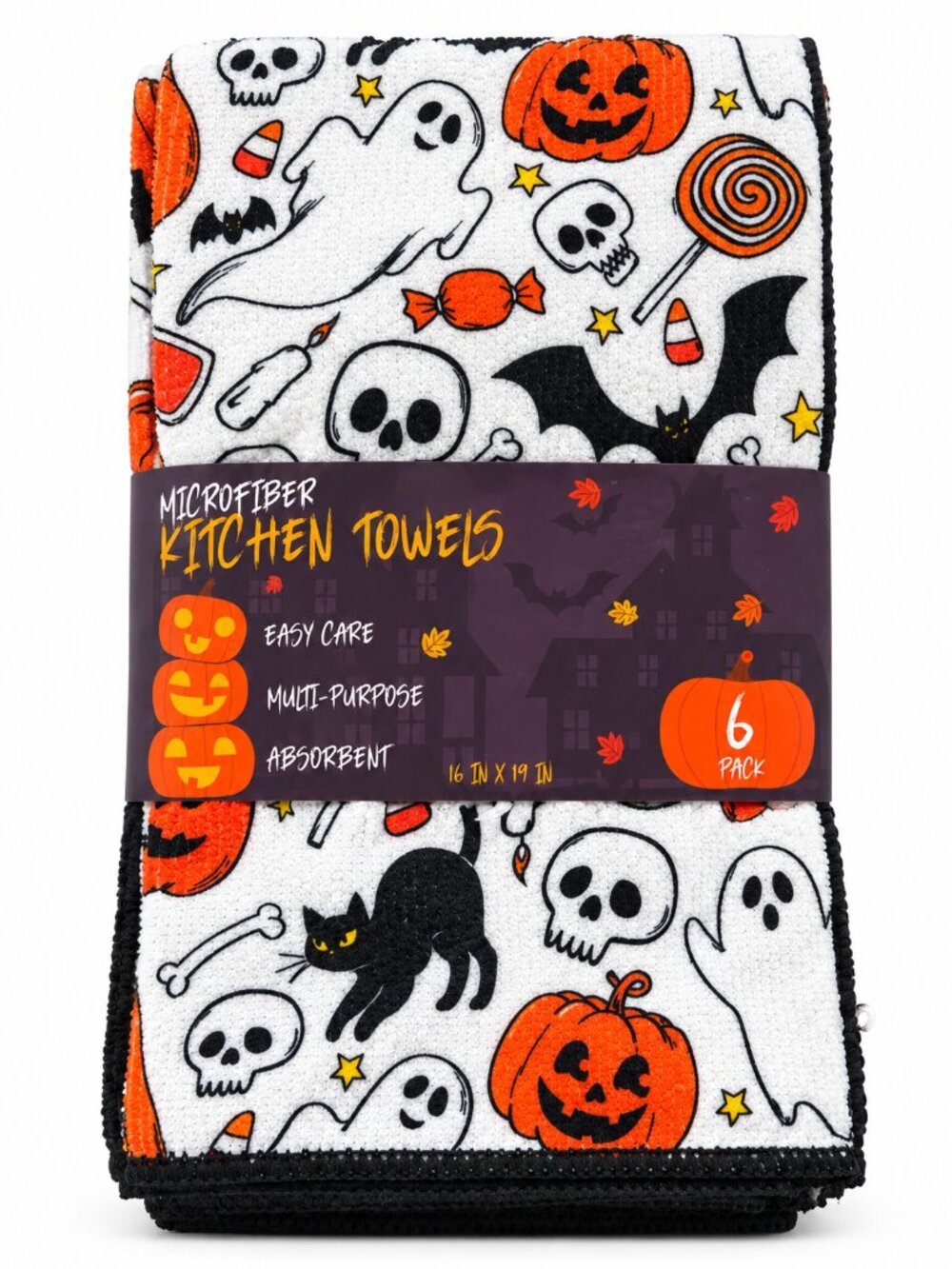 Halloween Microfiber Kitchen Towels 6 Pack 16x19 Ghost Pumpkin Skull Black Cat